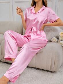 Conjunto de pijama con camisa de manga corta con cuello vuelto y botones, y pantalones, en bloque de color con ribete, para primavera/verano - Rosa - Ver 5