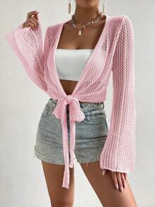 SHEIN Essnce Women's Solid Color Hollow Out Fashion Kimono Cover-Up Summer - Pink - View 7