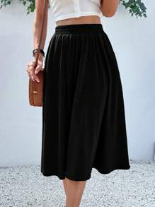 Breezaya 女士時尚純色休閒A字裙 - 黑色 - 查看 4