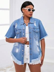 SHEIN SXY 加大尺碼夏季磨損破洞短袖牛仔外套 - 中等水洗藍 - 查看 3