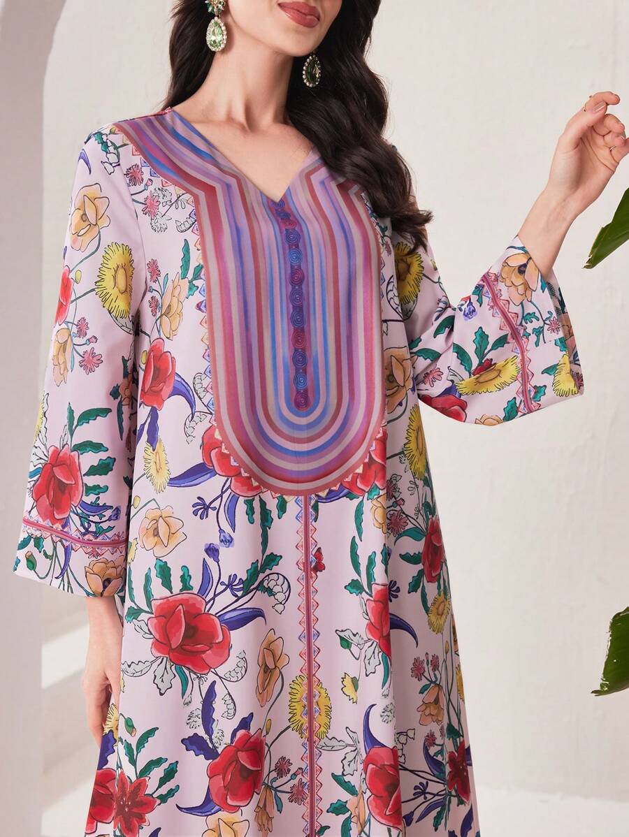 Al Najma 花卉印花拼接彈力袖長裙 - 粉色 - 查看 1