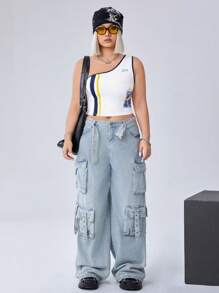 SHEIN EZwear CURVE 2024 Kích thước lớn Vai không đối xứng Đội Lá thư & Khối màu In Áo - trắng - Xem 6