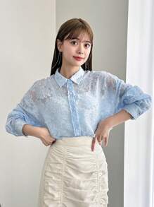 FRIFUL 女式花卉镂空纽扣前长袖衬衫，适合春季休闲风格，透明，秋季女装 - 藍色 - 查看 8