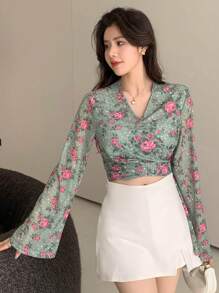 DAZY Women's Floral Printed Kimono Top With Cross Wrap Design - Green - View 4