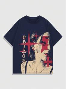 ROMWE MEN Street Life Men's Silhouette Character Printed T-Shirt, School - Navy Blue - View 1