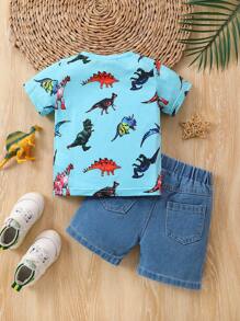 Baby Jongens Dinosaurus Geprint Tops En Verontrust Denim shorts Sets Voor Zomer