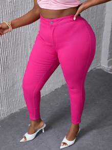 SHEIN SXY 大尺碼純色緊身牛仔褲 - 玫紅色 - 查看 1