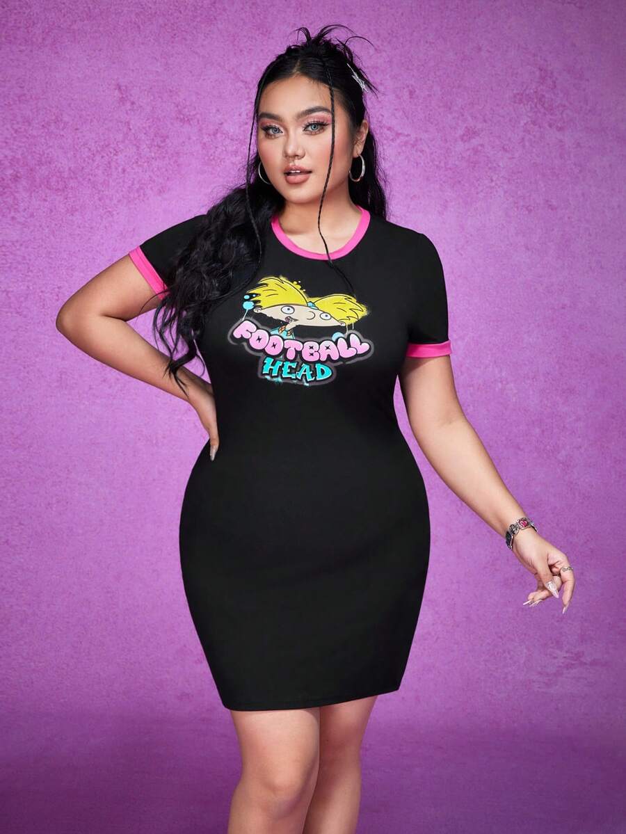 Nick 90s | SHEIN Plus Size Knit Bodycon Dress With Letter Print, Color Blocking Design - Black - View 1