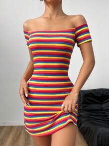 SHEIN EZwear Sọc Cầu vồng Dệt kim Off-shoulder Của phụ nữ Váy bodycon - Nhiều màu - Xem 3