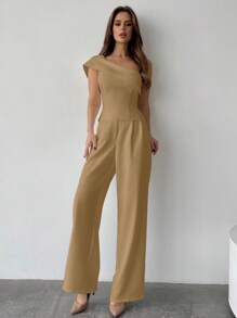 Firerie Ladies Solid Color Asymmetric Collar Top And Pants Two Pieces Set - Khaki - View 4