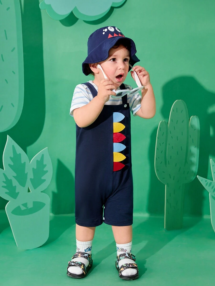 Baby Boys' Cute Dinosaur Shaped Striped Romper And Overalls Set, Suitable For Summer - Multicolor - View 1