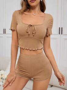 大碼實色方領奶油軟邊短上衣＆蕾絲邊短褲睡衣套裝 - 卡其色 - 查看 1