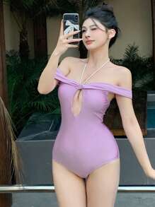 DAZY Women's Cut-Out Solid Color Swimsuit With Halter Neck For Beach Holiday Summer