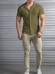 HIMLAND 男士夏季純色短袖休閒襯衫 - 軍綠色 - 查看 3