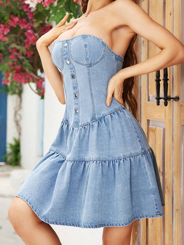 Front Button Up Denim Overall Dress