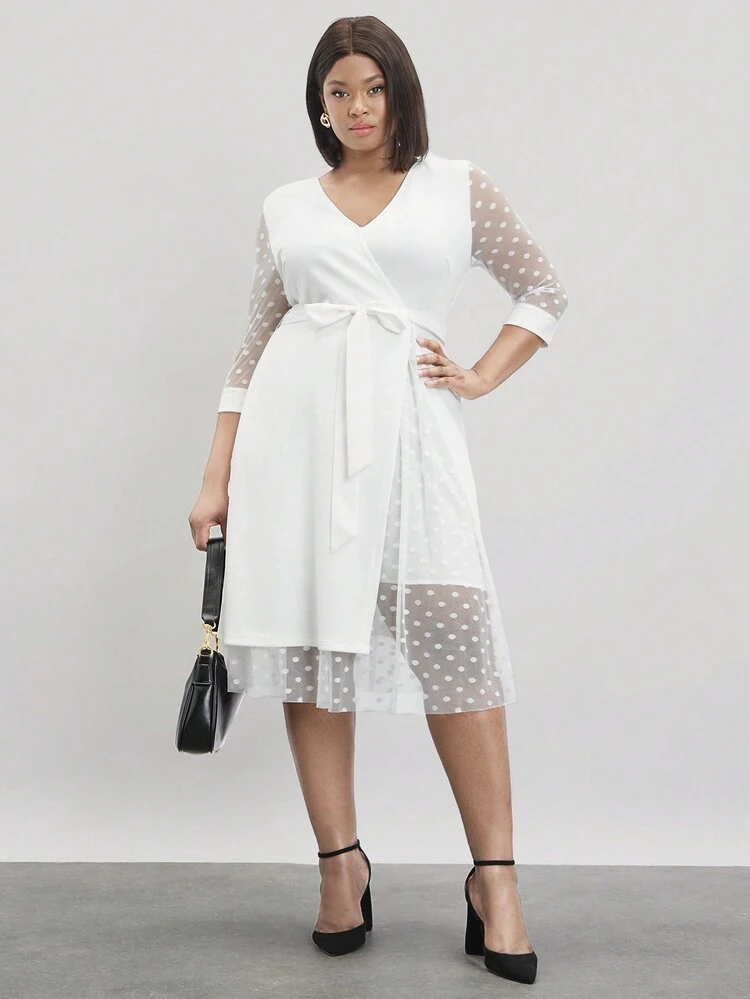 Plus Size Polka Dot Mesh Splicing Elegant Midi Dress