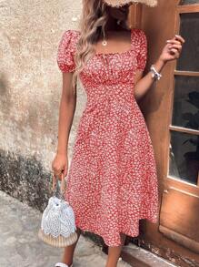 SHEIN Clasi 女性方領泡袖花卉印花假期風春夏裙 - 紅色 - 查看 1