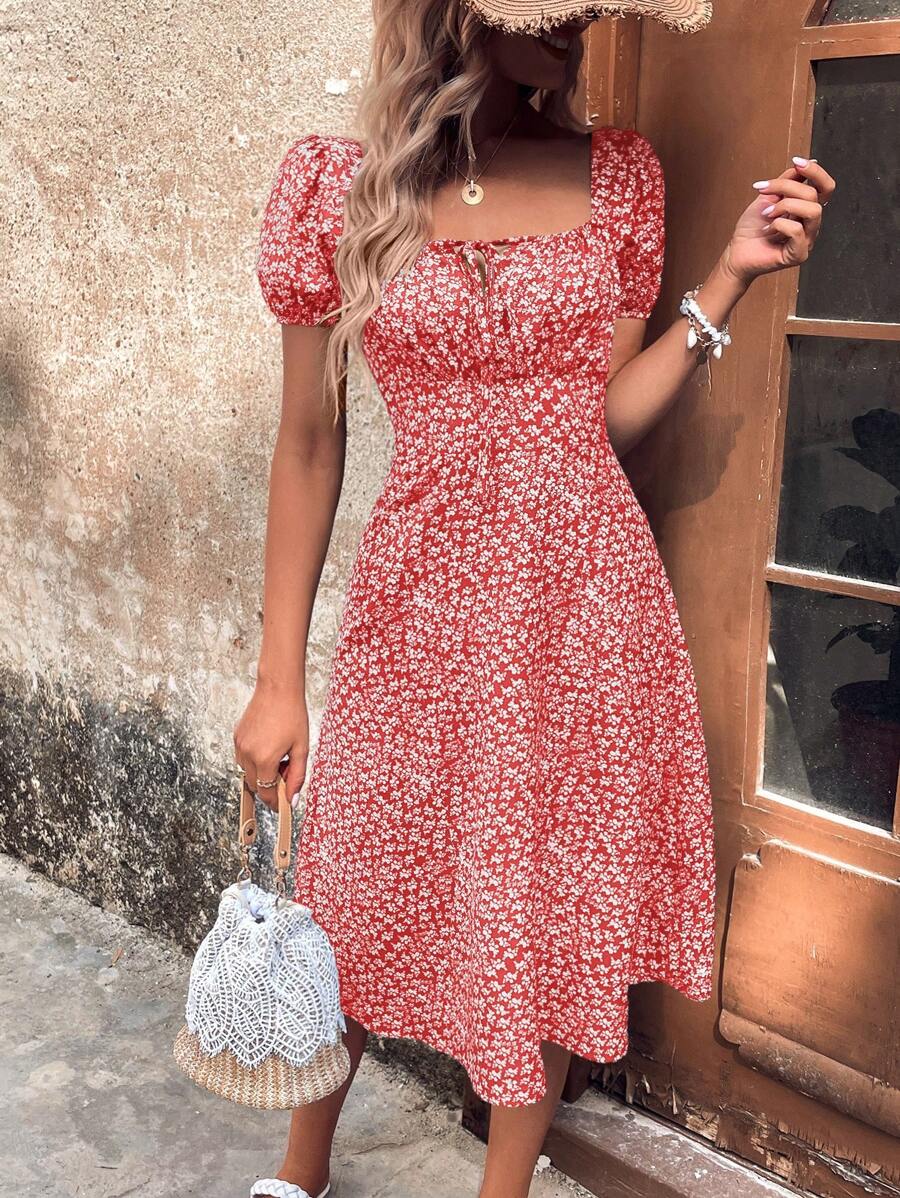 SHEIN Clasi 女性方領泡袖花卉印花假期風春夏裙 - 紅色 - 查看 1