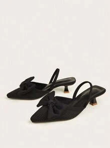 Black High Heeled Shoes With Bow Decoration And Back Strap For Women, Surface And Bow Pattern Random - Black - View 2