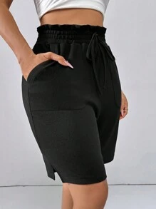 SHEIN Essnce 黑色休閒腳踝長褲，彈性腰帶，側口袋和分裂式設計。 - 黑色 - 查看 4