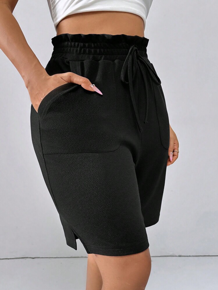 SHEIN Essnce 黑色休閒腳踝長褲，彈性腰帶，側口袋和分裂式設計。 - 黑色 - 查看 4