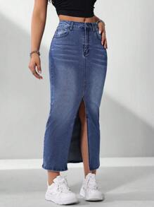 Spring/Summer Casual Water Wash Denim Skirt With Slanted Pocket And Side Slit - Dark Wash - View 5