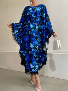 Al Najma Women's Floral Print Fringed Batwing Sleeve Dress Kaftan Jalabiya Dress - Blue - View 6
