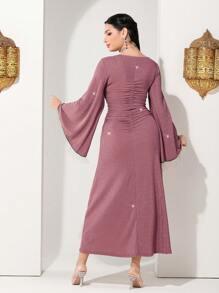 Modelyn Sweetheart Neckline Bell Sleeve A-Line Dress With Waist Tie,Elegant Evening Party Dress Long Evening Dresses - Pink - View 2