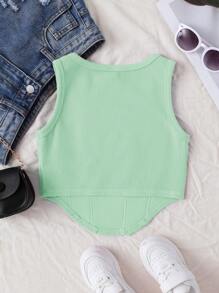 SHEIN Camiseta sin mangas básica para niña preadolescente tejida a mano para el verano con escote cuadrado y dobladillo curvado - Verde Lima - Ver 2