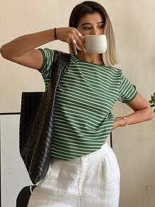 Livesso Women's Striped Round Neck Slightly Loose Fit Short Sleeve T-Shirt Summer Easter - Green - View 4