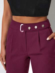 SHEIN Cottnline Belted Long Pants With Side Pockets - Burgundy - View 3