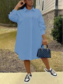 EMERY ROSE 素色長款大碼洋裝 - 霧霾藍 - 查看 1