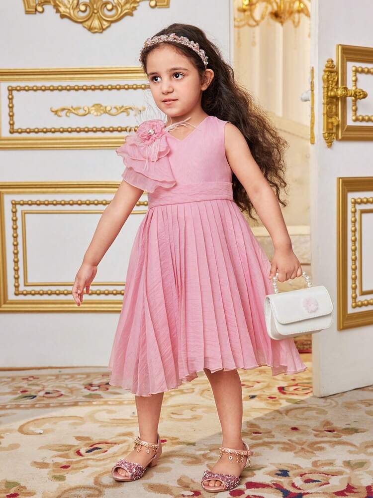Young Girls' Summer Gradient Color Lace & Pleated Floral Applique Midi Dress