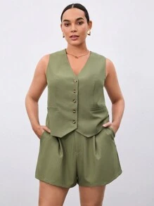 BizChic Plus Size Solid Color Basic Casual Suit Vest And Shorts Set, Suitable For Summer In Fall/Winter - Olive Green - View 3