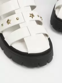 Sandalias de mujer con tacones gruesos, zapatos de estilo metálico para vacaciones de verano - Blanco - Ver 9