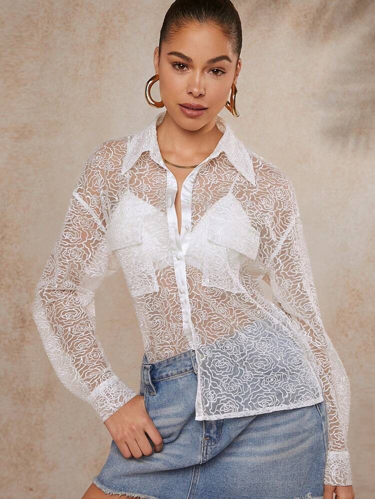 Rose Embroidery Sheer Button Blouse