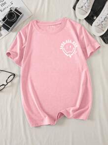 SHEIN LUNE 女士夏季休閒t恤,標語印花和圓領設計 - 淺粉色 - 查看 3