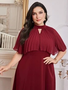 Modelyn Vestido largo de talla grande de color rojo burdeos sólido con cuello alto, para primavera/verano, con diseño calado - Burdeos - Ver 2