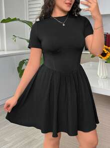 SHEIN EZwear Của phụ nữ Kích thước lớn Màu thuần A-line Ngắn tay Đầm - màu đen - Xem 3