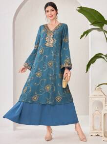 Al Najma Embroidery Patchwork Long Dress With Belt - Multicolor - View 3