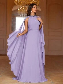 SHEIN Belle 斗篷袖圓領，擴腳晚禮服正式晚禮服女款 - 紫丁香色 - 查看 7