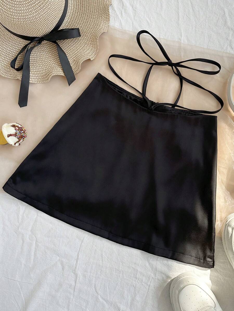 Soleia Solid Color A-Line Mini Skirt With Sash Festival Outfits - Black - View 1
