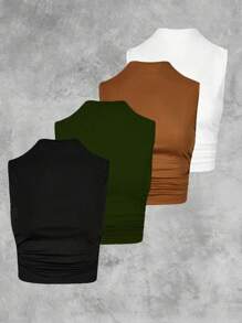 Calvaya Plus Size Solid Color Sleeveless Top With Pleats & Stand Collar, Spring/Summer - Multicolor - View 1