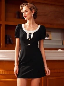 SHEIN DECDS Nữ Cổ điển Màu sắc Thanh lịch Khối Cổ tròn Nơ Bong bóng Tay áo Trang phục thường ngày cho ngày lễ của mẹ Váy phụ nữ mùa hè Váy mùa hè Sundress Concert Outfits Sundress Trang phục mùa hè ngắn Trang phục màu đen Trang phục ngày của mẹ Trang phục tốt nghiệp Trang phục cưới Trang phục cưới Bữa sáng muộn màu đen Váy đen trắng một mảnh - Đen và trắng - Xem 6