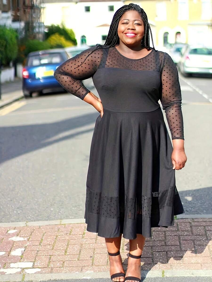 Plus Size Spring Polka Dot Contrast Mesh Black Dress