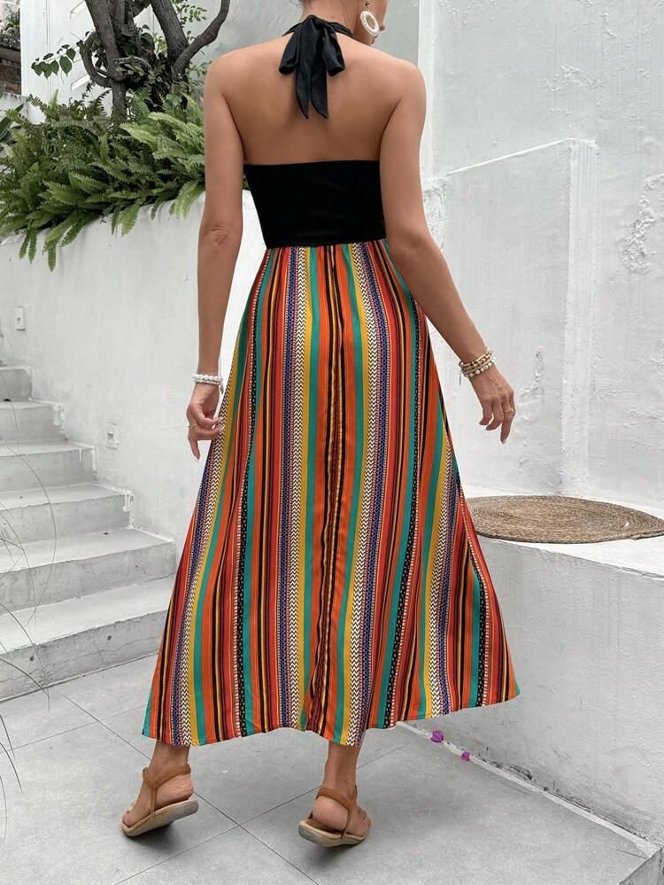 Women's Fashionable Vacation Style Halter Neck Backless Asymmetrical Hem Dress