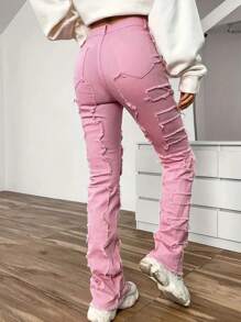 Teen Girl Casual Solid Color Denim Pants With Frayed Edge Decoration - Hồng - Xem 2
