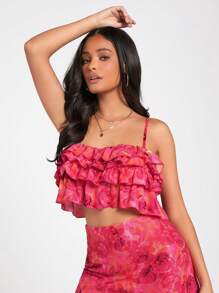 Forever 21 Summer Floral Print Ruffle Hem Cami Top, Vacation Style - Red - View 1