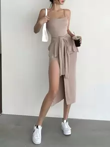 INAWLY Women's Solid Color High Side Slit Cami Dress With Cardigan 2pcs Outfit Fall Cloth For Women - Khaki - View 5