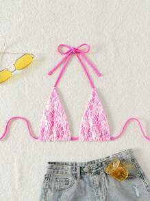 Swim Mod Summer Beach Women's Stylish Halter Triangle Bikini Top (Micro) - Pink - View 1